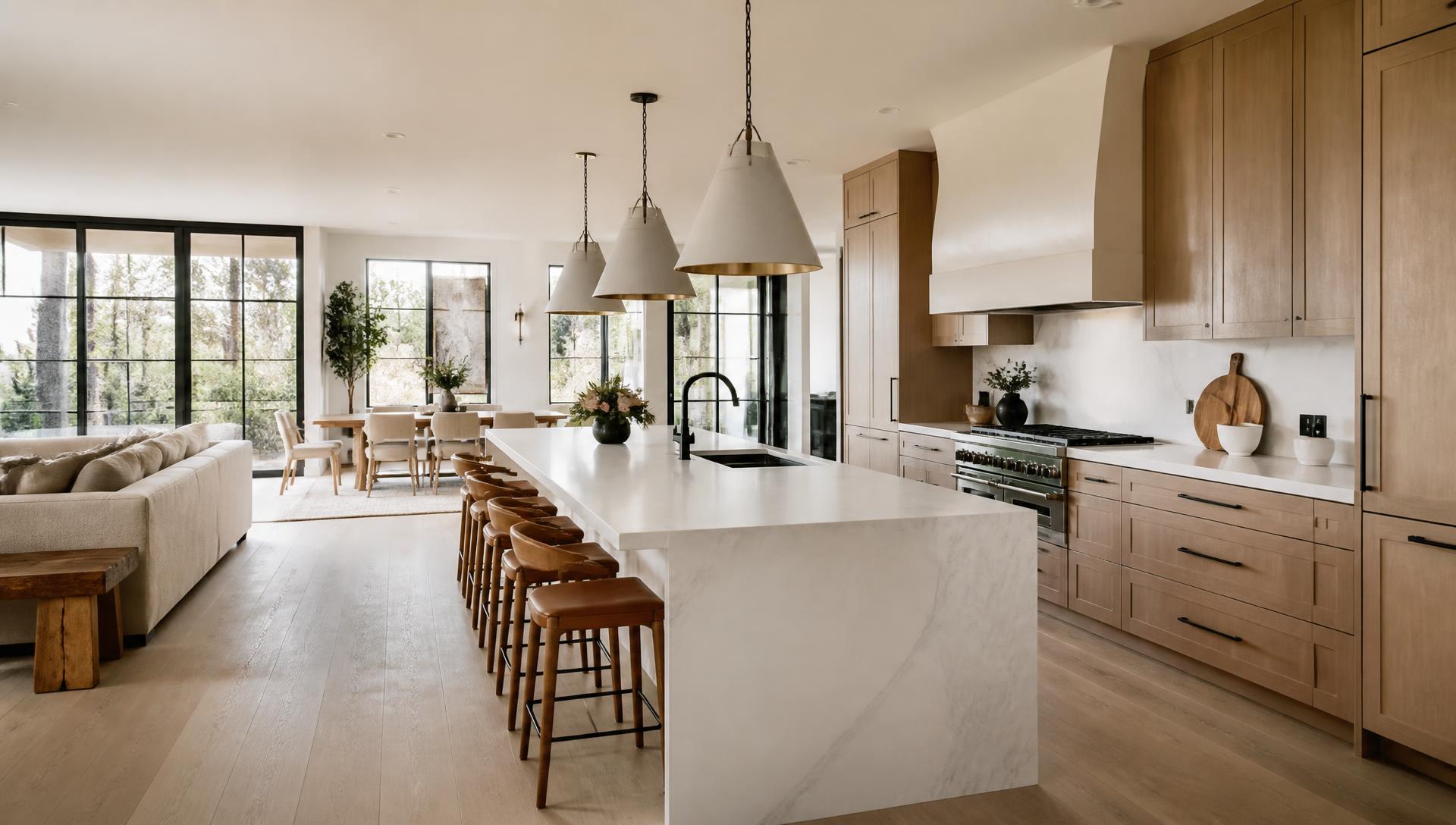Modern remodeled kitchen with marble island and oak cabinetry