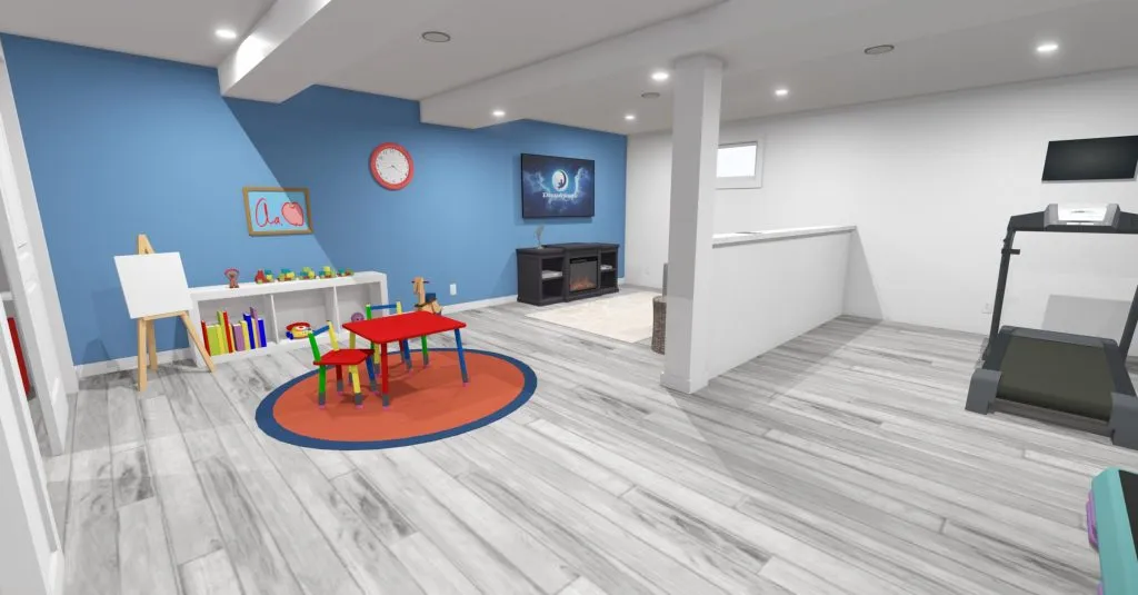 3d rendering of basement renovation idea with kids play area and home gym with treadmill