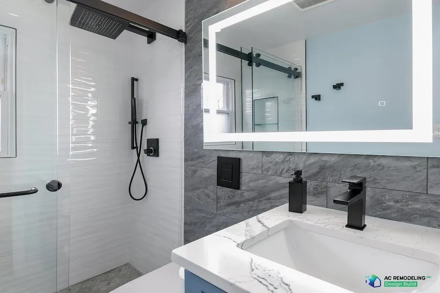 modern master bathroom without a tub large shower sleek mirror and unique tile 